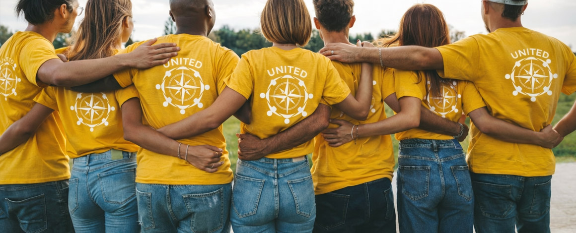 groepje mensen staan in geel t-shirts met opdruk met hun rug naar de camera